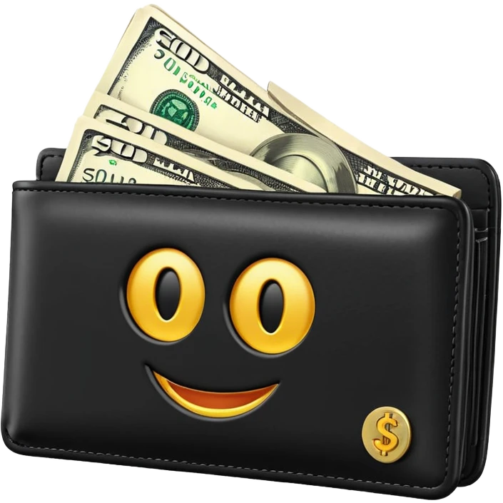 Rich emoji style black leather wallet with dollar bills, luxury money vibe, premium 3D emoji, ultra clean, high detail, no background
 emoji