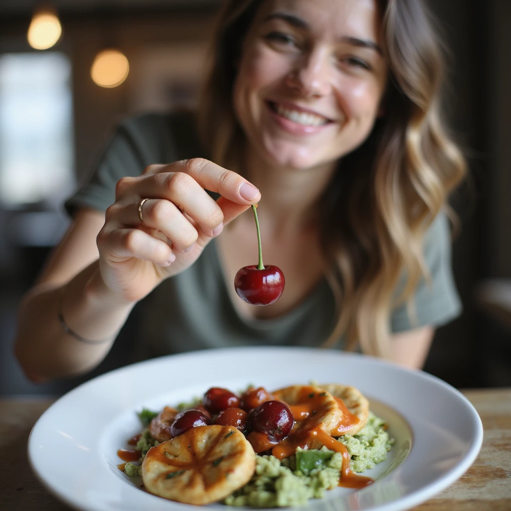realistic image of a person showing a dietary supplement like a cherry, supplement held between fingers above a complete plate, smiling, positive atmosphere, creative details, modern environment emoji