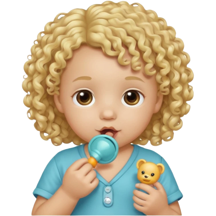 Close-up, curly blonde-haired toddler, pacifier emoji