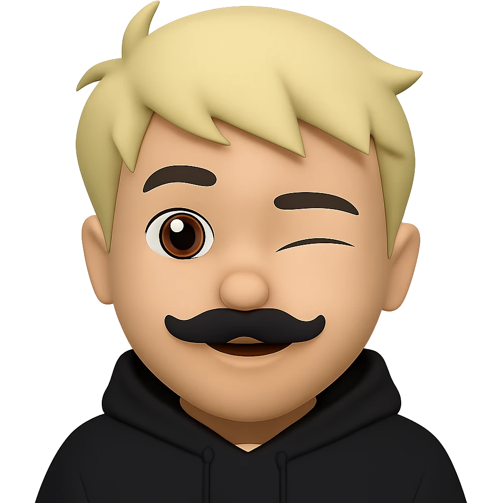 Add a black hoodie to the Asian man with a small mustache and short messy blond hair in emoji style. Preserve the transparent background. The man is winking. emoji