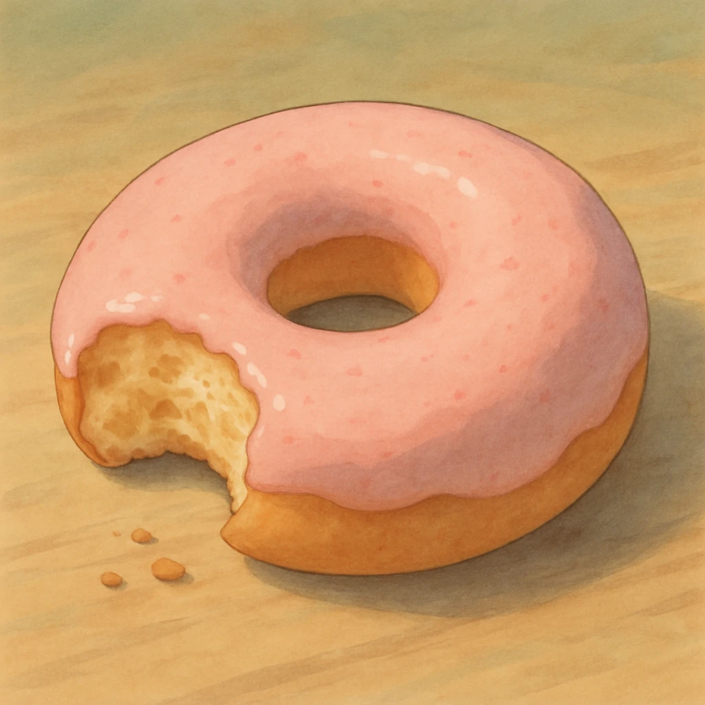 bitten donut, detailed, soft colors, ghibli style emoji