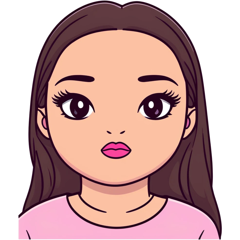 girl with lighter skin, dark brown long straight hair, pouty shiny lips with pink lip gloss, large eyes with eyelashes, pink blush on cheeks, inner eye highlighted with white eyeliner, lighter button nose, long oval-shaped face emoji