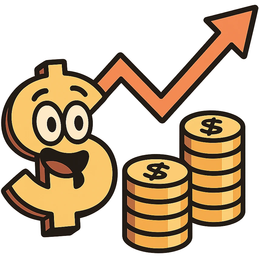cartoon style icon for economy, with a dollar sign, coins, and a graph arrow emoji