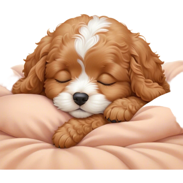 Cinematic cute Sleeping Cavoodle Portrait Emoji, cute and serene, with a round, cuddly build and a soft, curly apricot coat with subtle white patches, eyes gently closed in peaceful slumber, Simplified yet irresistibly endearing features, highly detailed, glowing with a gentle, dreamy glow, high shine, relaxed and content, stylized with a touch of whimsy, bright and heartwarming, soft glowing outline, capturing the essence of a blissfully sleepy companion, so comically serene it feels like it could roll out of the screen and snore with adorable charm! emoji