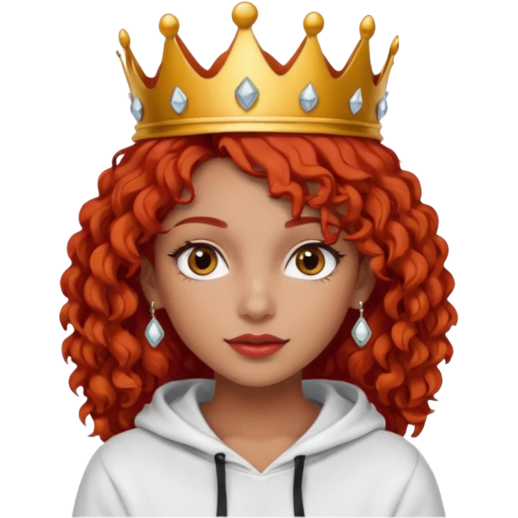 
Slim girl with a fine face, dark and tanned skin, medium-length curly tomato-red hair, dark eyes, medium-thick eyelashes, and a crown and earrings, wearing a white hooded sweatshirt. emoji