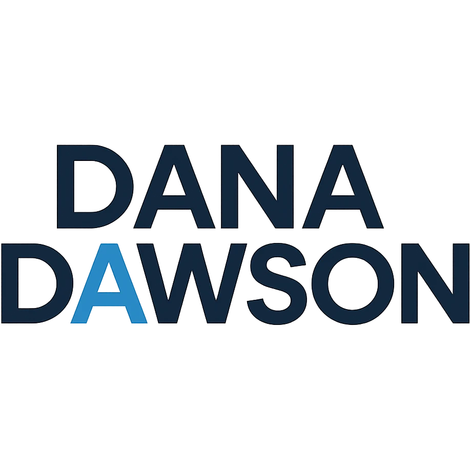 bold geometric sans-serif logo of 'Dana Dawson', modern, clean, blue accent emoji