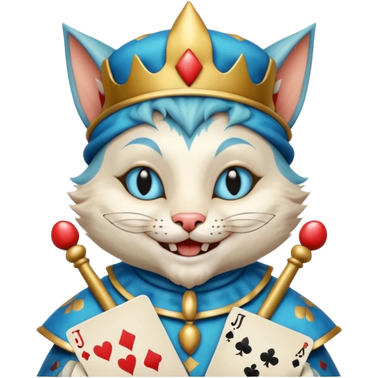 crazy colorful cute little cat jolly joker from poker, medieval, vintage, court jester, mac os icon, blue color, holds poker cards emoji