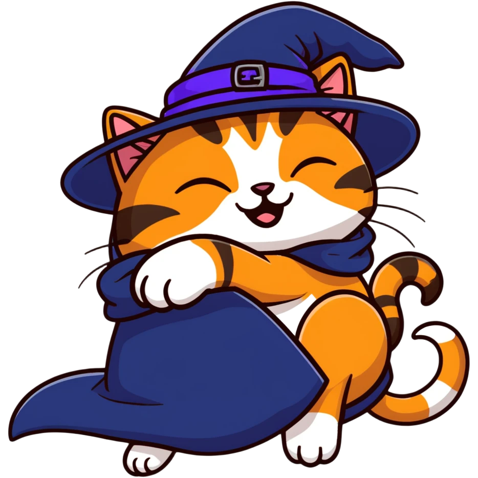 full body ginger tabby cat flopped over on her side wearing an indigo witch hat emoji