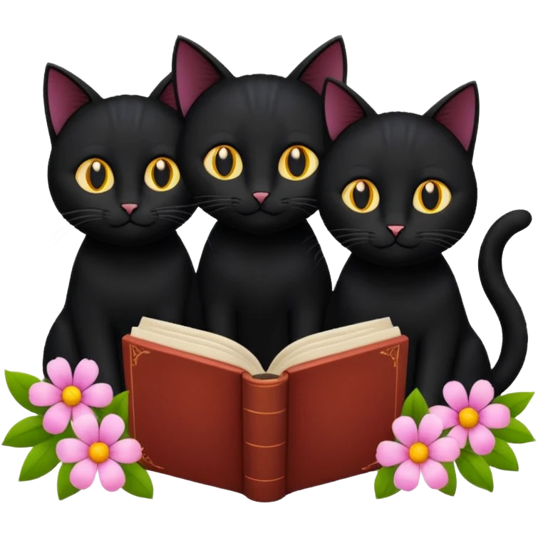  3 black Cats reading book + flower emoji
