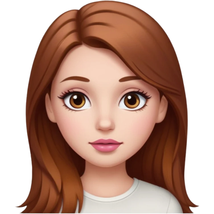 white girl with long brown hair with caramel highlights wearing a white top. Blush on the cheeks and big eyelashes and a brown-pink lip combo  emoji