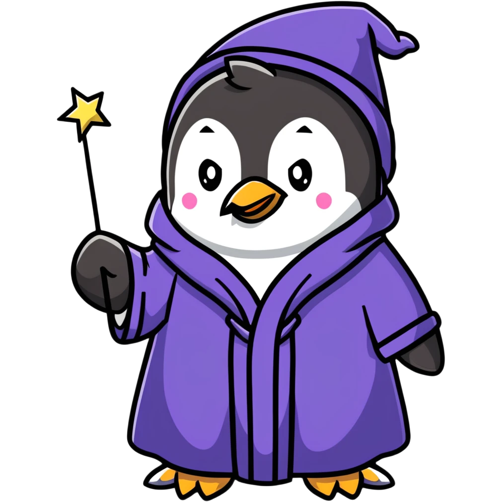 penguin wizard with a starry robe and wand emoji