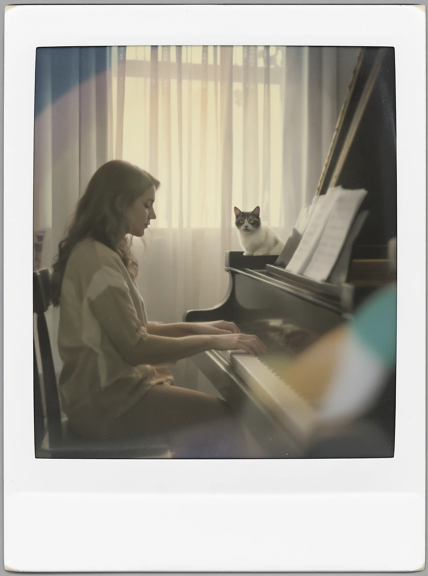 woman playing piano while her cat sits on top of the piano emoji