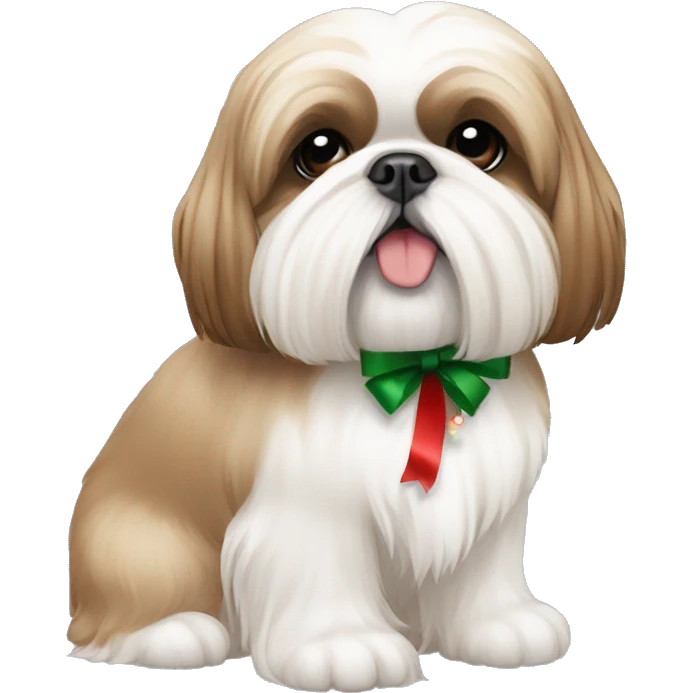 Tan and white coloured shih tzu sitting facing forward with christmas bow emoji