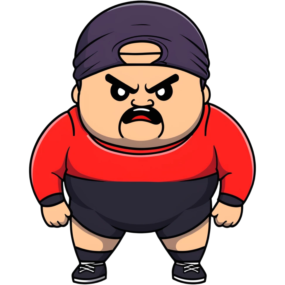 Extreme close-up of face of morbidly obese white skin guy with young face, prominent BLACK DURAG tied clearly on head, black beard but no mustache, clean shaven upper lip, black eyes in a red and black wrestling singlet with angry expression emoji