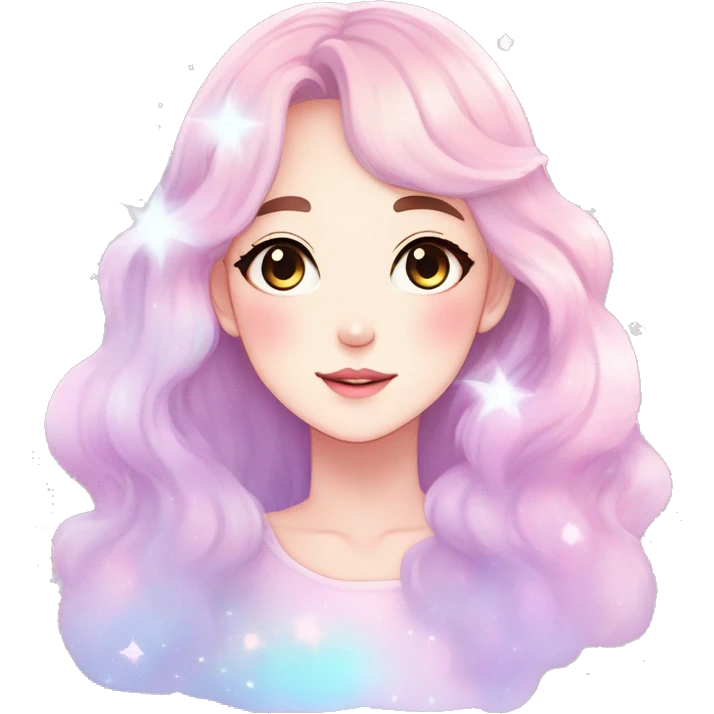 Gorgeous pastel anime style lady blushing nebula gradient sparkle face dreamy idol model colorful shiny stars galaxy kawaii cottagecore pearly petite simplistic aesthetic trending style emoji