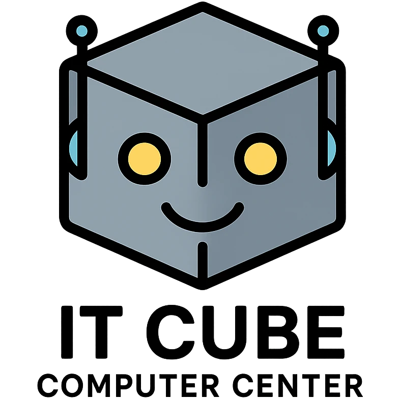 A cube with a robot face in gray-blue color for IT CUBE Computer Center emoji