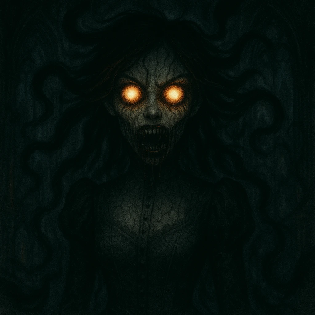 Make the beautiful scary girl even scarier with extreme supernatural horror features, more disturbing and haunting, while keeping her gothic beauty. Enhance the supernatural and horror elements to create a deeply unsettling and haunting atmosphere. emoji