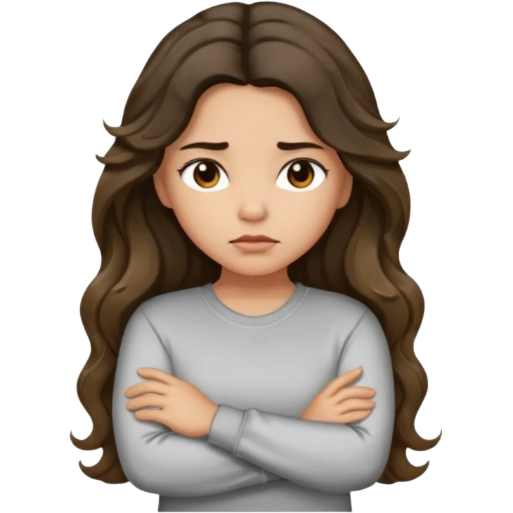 Hispanic light tan girl with long dark wavy hair with arms folded and pouting. Wearing a long sleeve. Hair with middle part. emoji