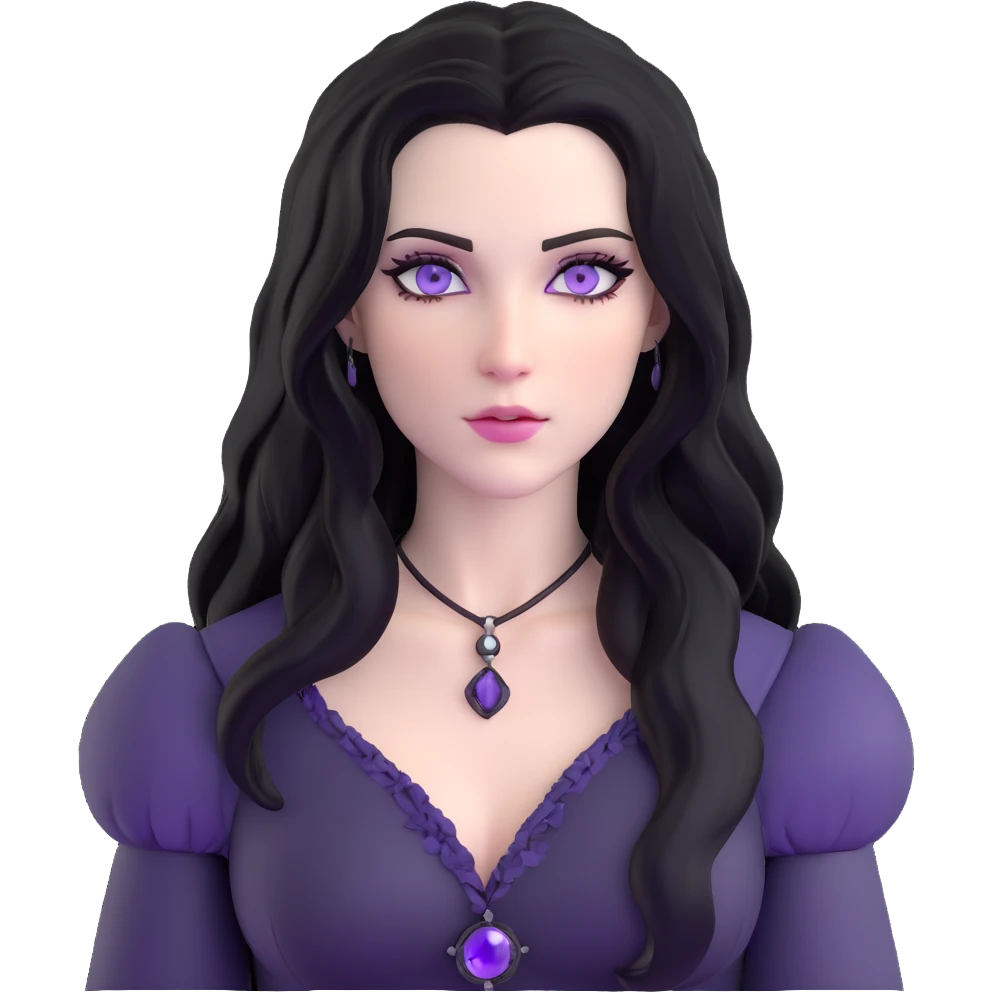 Yennefer from Witcher with long black hair, violet eyes, pale skin, wearing black clothes emoji