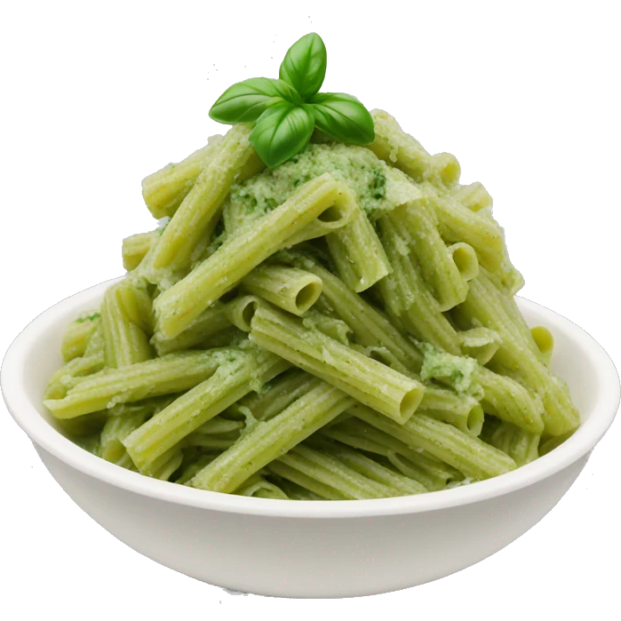 green pasta in a white bowl with pesto on top emoji