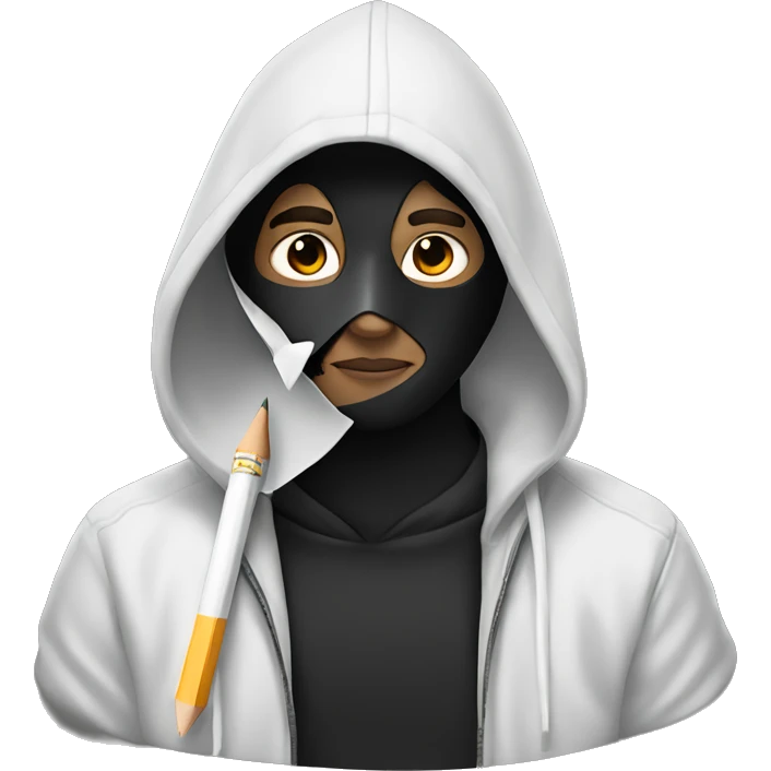 White Male artist wearing white drama mask and black hoodie holding pencil emoji