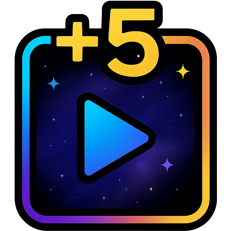 +5 sec icon with dark purples, blues, black base, neon glowing border, sophisticated nebula gradients, subtle small stars, clean lines, minimalistic, luminous effect, accent colors cyan, pink, yellow, green, orange, professional look, consistent with media controls set emoji