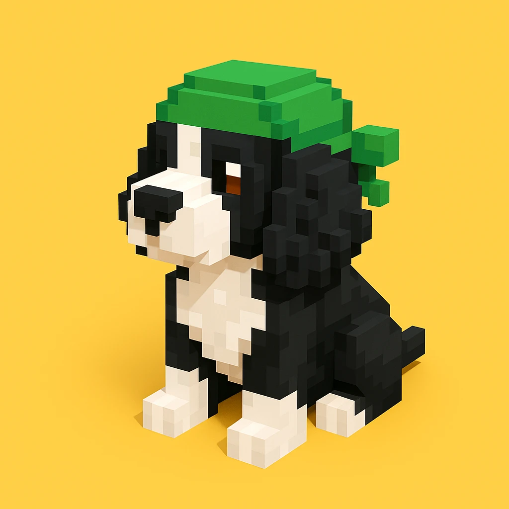 A black and white Russian Cocker Spaniel puppy wearing a green durag, voxel style, sitting, facing left emoji