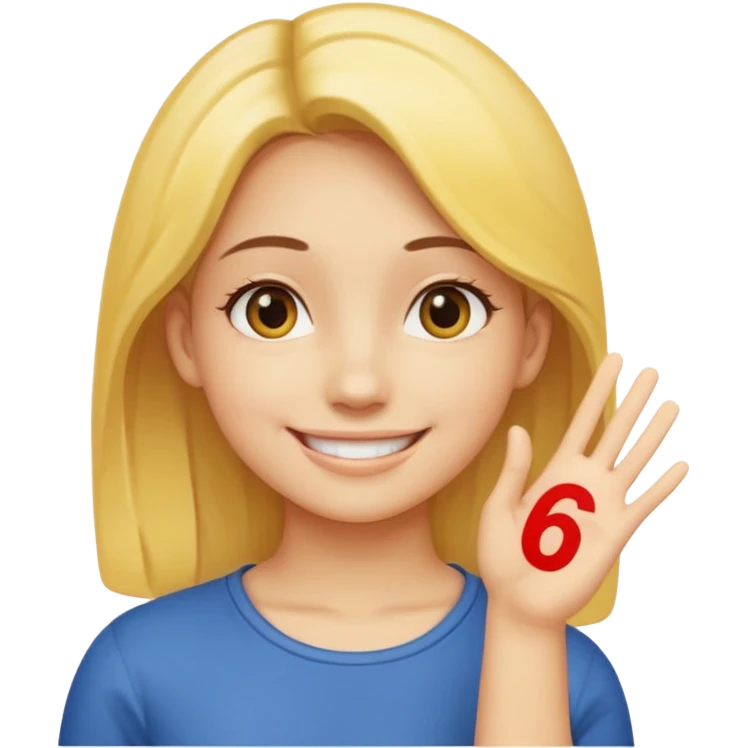 yellow smiling face girl with one hand flat under chin. With the number 6 on the left hand and the number 7 on the right hand emoji