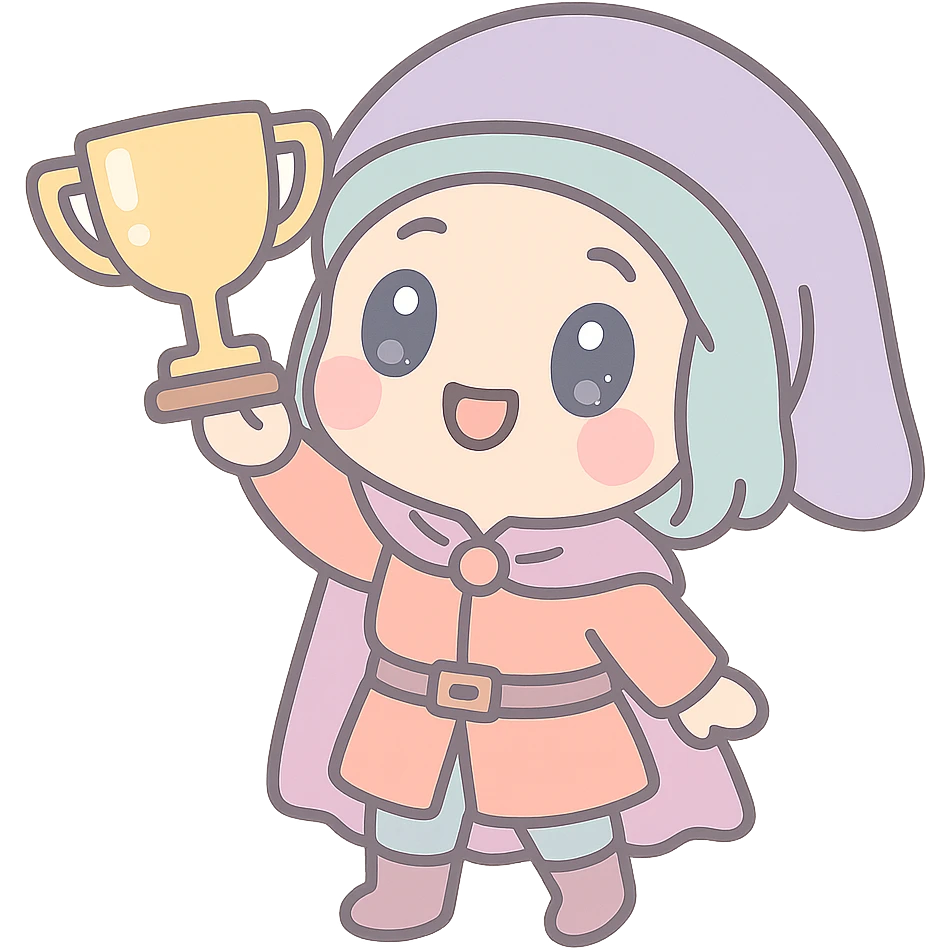 chibi medieval pilgrim holding up a trophy, kawaii style, adorable, soft colors emoji