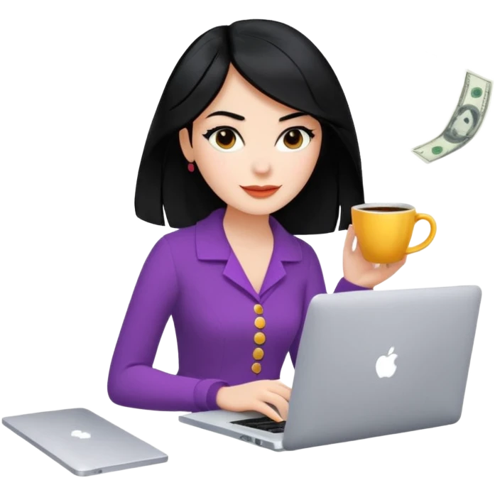  woman character with laptop and coffee in Paris, dollars coming out from the screen floating, colorful chic outfit, white laptop, Pixar style, black hair, fair skin,  emoji
