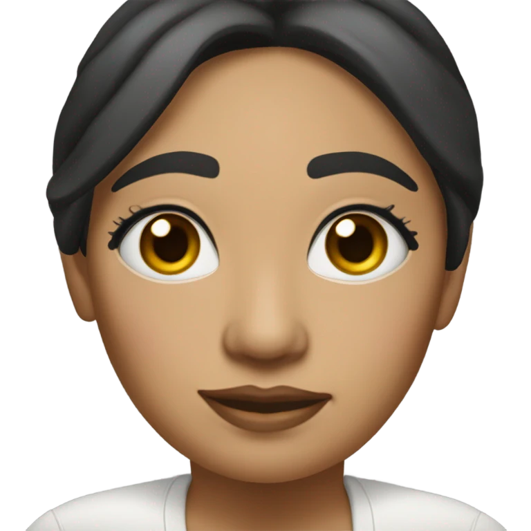 Mexican woman 53 years old has sun-darkened skin with a round face, she has thick shoulder-length black hair. Her eyes are brown, with double eyelids and her eyebrows are tattooed.  emoji