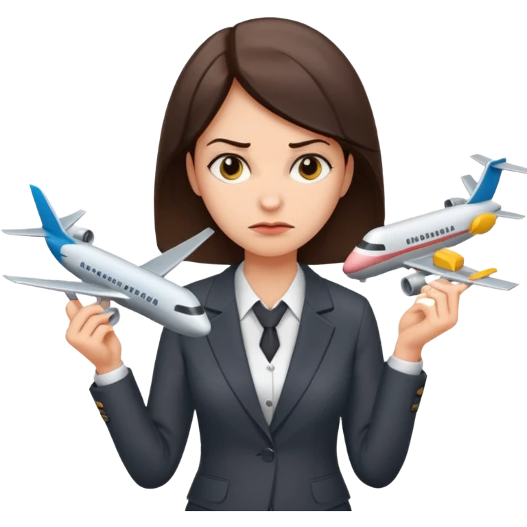 Девушка в офисном костюме, хмурая, с билетами на самолет в руках  emoji