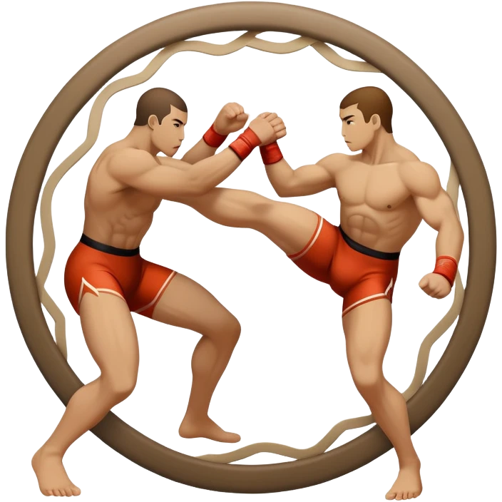 An icon symbolizing wrestling martial arts, featuring two stylized figures locked in a dynamic grappling pose. The background shows abstract elements representing strength and technique, with a circular design to represent unity and focus. Transparent background emoji