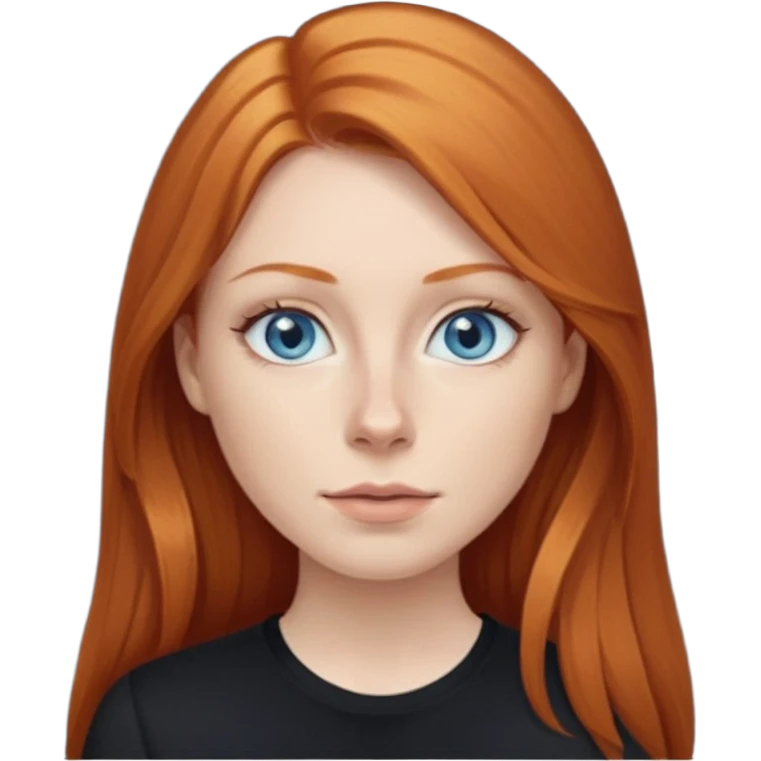 Ginger head woman with long hair and lightblue eyes, straight nose, almond eyes, black shirt,  emoji
