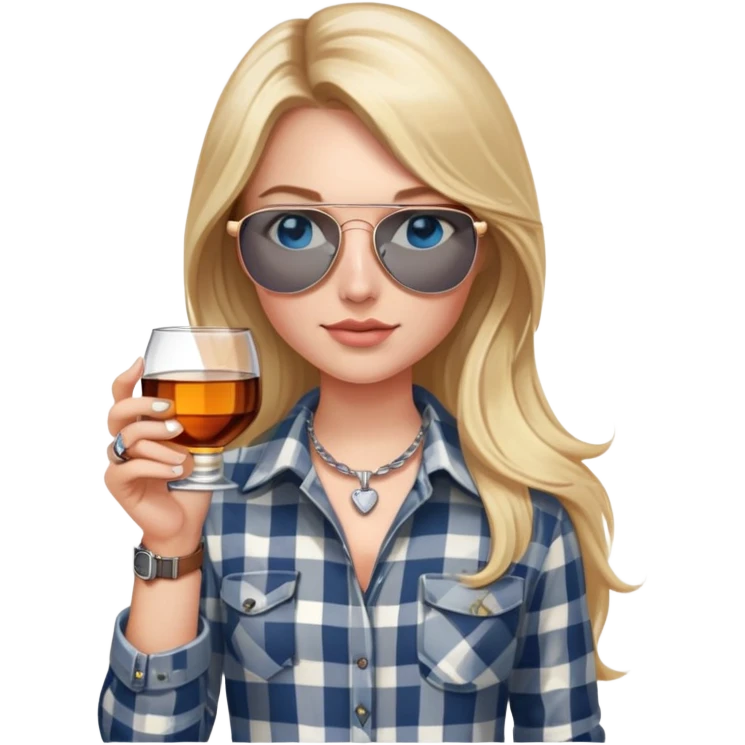 girl with long blond hair, wearing grey/white plaid shirt, with blue eyes and aviator sunglasses, wearing a ring on her silver necklace around her neck, holding a glass of whiskey, wearing rose gold apple watch emoji