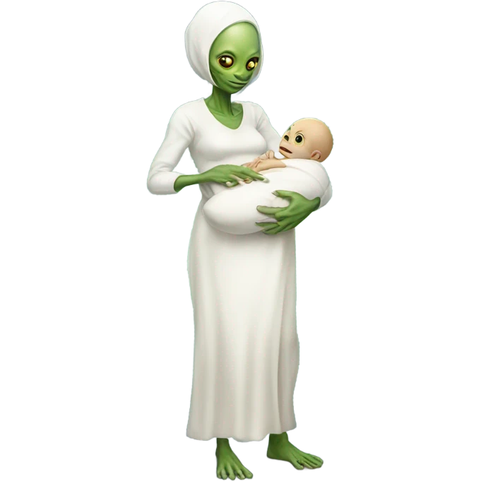  Reptilian alien woman , full body,  holds a newborn white "humman no alien baby" emoji