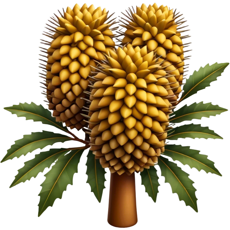 Cinematic Realistic Banksia Emoji, Bold and striking, with spiky, cylindrical flower heads covered in rich golden hues. The leaves are thick and leathery, adding a sense of strength to this unique and iconic tree. Soft glowing outline, capturing the essence of Australian ruggedness and floral beauty in a distinctive banksia tree! emoji
