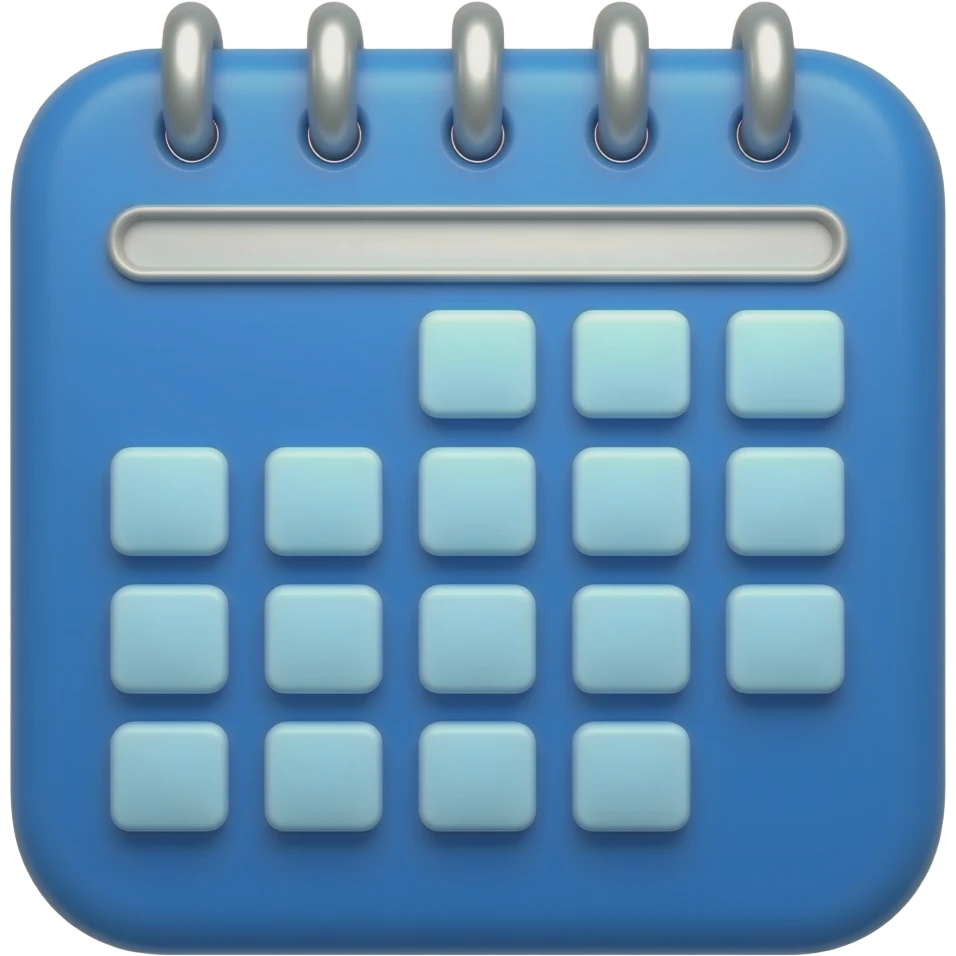Create a 3D emoji icon of a calendar with no numbers, text, or dates — use square shapes resembling a table instead of dots or lines. Color palette: Deep blue (#00008B), Sky blue (#87CEEB), Sky white (#F5F5F5). shadows 3D effect, clean, modern look. emoji