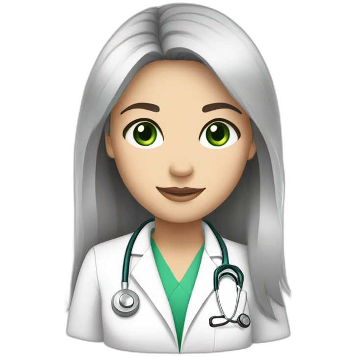 doctor, black hair, girl, white skin, straight hair, green eyes emoji