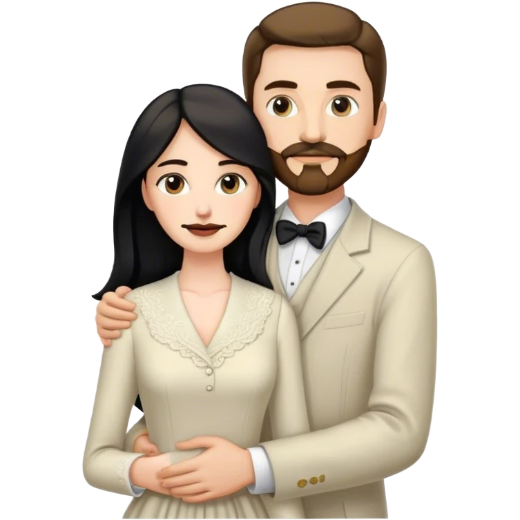 married couple portrait, tall white man with brown hair goatee mustache embracing a pale woman with long black hair, wearing formal clothing emoji
