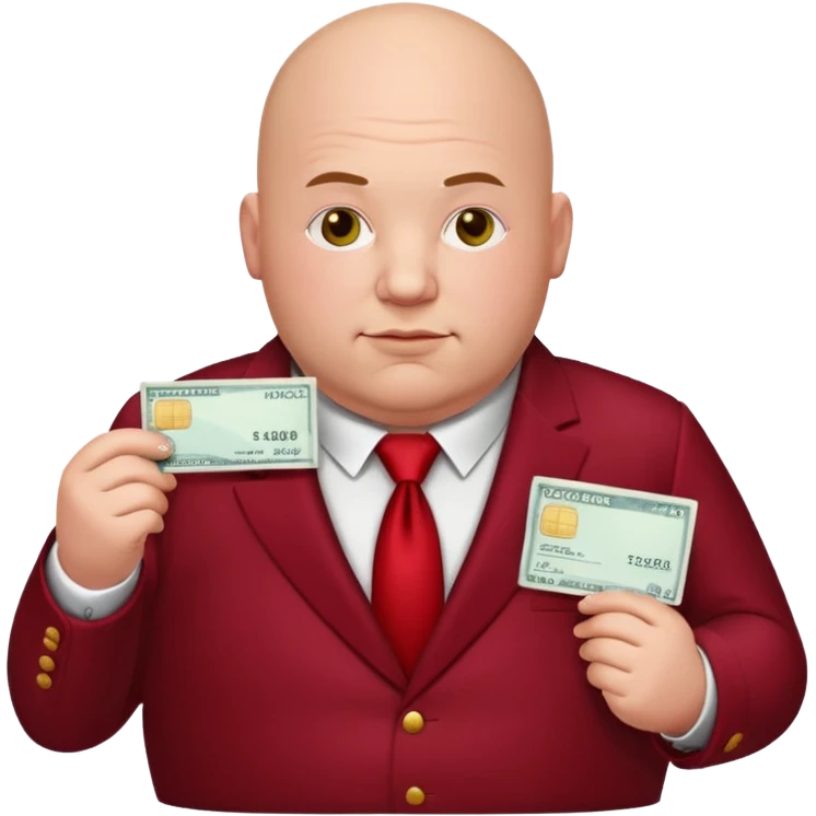 fat guy bold head in dark red velvet suit holding cheque emoji
