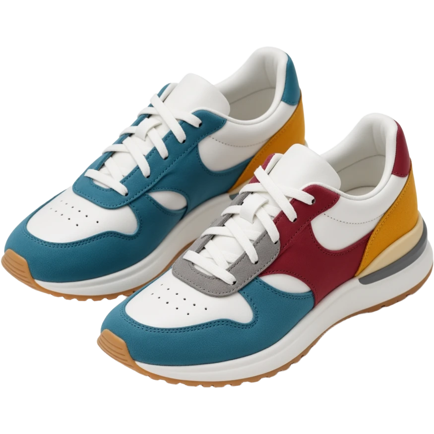 A pair of luxury designer sneakers in a studio product photo. The sneakers have a modern, sporty look with multiple leather panels. The main body is white leather with accents in teal blue, burgundy red, mustard yellow, and grey. The shoe features white laces emoji