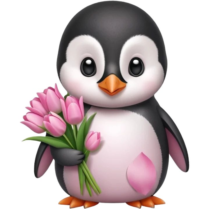 Cute baby penguin holding flower bouquet wraped in white paper and all flowers tulips in pink colour emoji