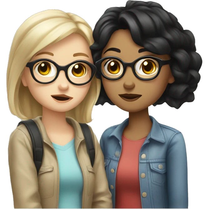 two girls kissing with black hair one with tan skin and glasses one pale girl  emoji