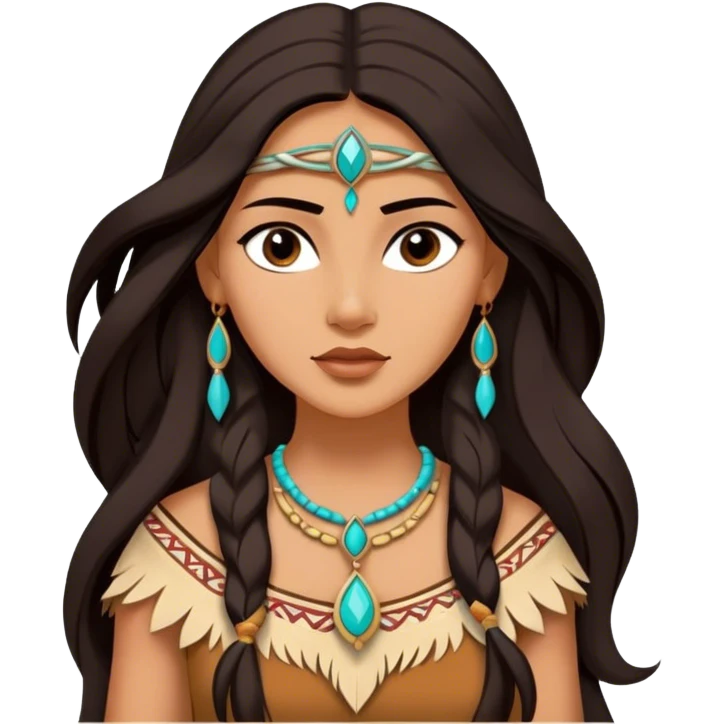 Cinematic Elegant Pocahontas Portrait Emoji, rendered in a realistic, vector-style with minimal shading and bold, simplified shapes. Depict Pocahontas (chest and above) with warm, sun-kissed skin, long, flowing dark hair, and gentle, wise eyes, wearing traditional attire in earthy tones with hints of turquoise. The image glows with a soft, natural radiance and high shine, embodying timeless indigenous beauty. emoji