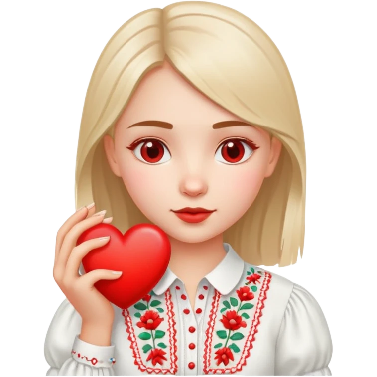 Ukrainian girl in a white embroidered shirt holds a heart in her hand emoji