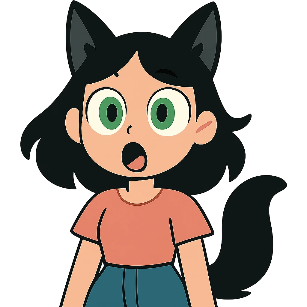 a surprised girl with huge green eyes, black fox ears, and a tail, dark hair emoji