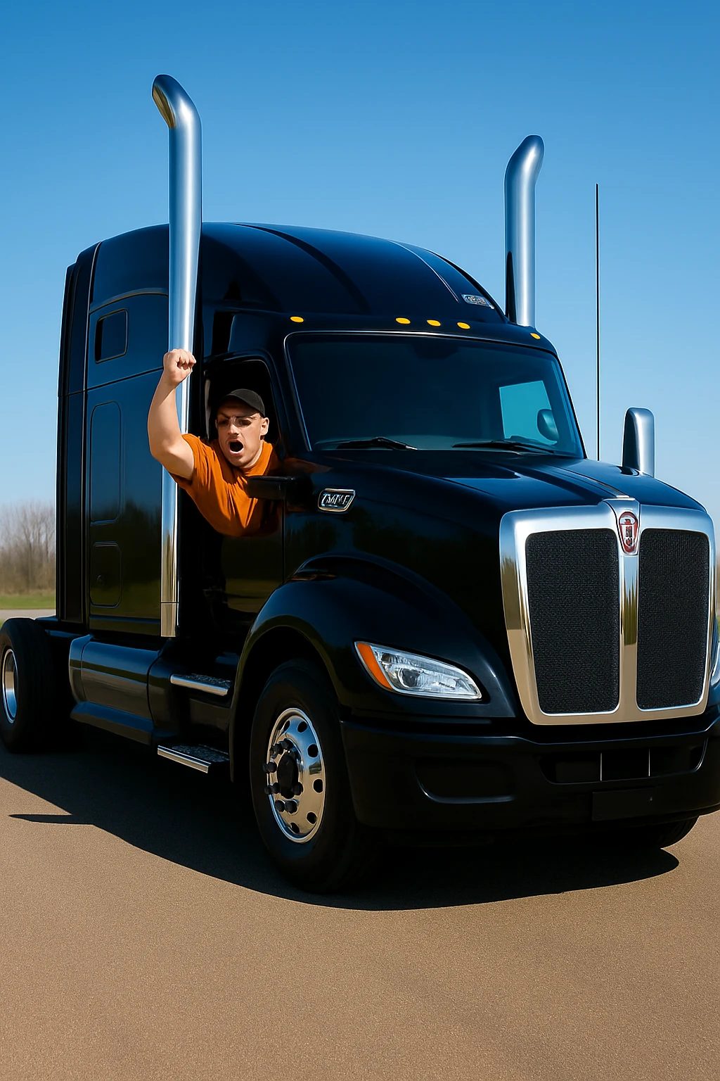 Make the scene much brighter with vivid lighting and clear details, while keeping the 2026 Kenworth W680 black sleeper semi, angry bald man in orange shirt, glasses, and baseball cap arm pumping out the window unchanged. Enhance brightness and clarity but preserve all original elements exactly as they are. emoji