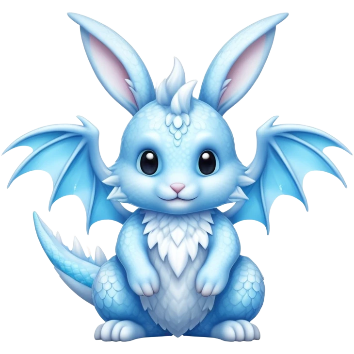 A cute bunny-dragon hybrid creature with ice crystals, rabbit ears, dragon wings and tail made of ice emoji