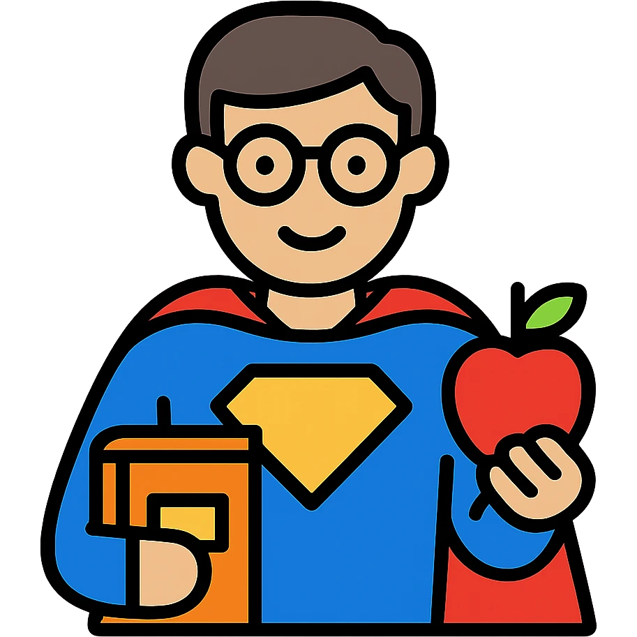 Teacher hero with book and apple emoji